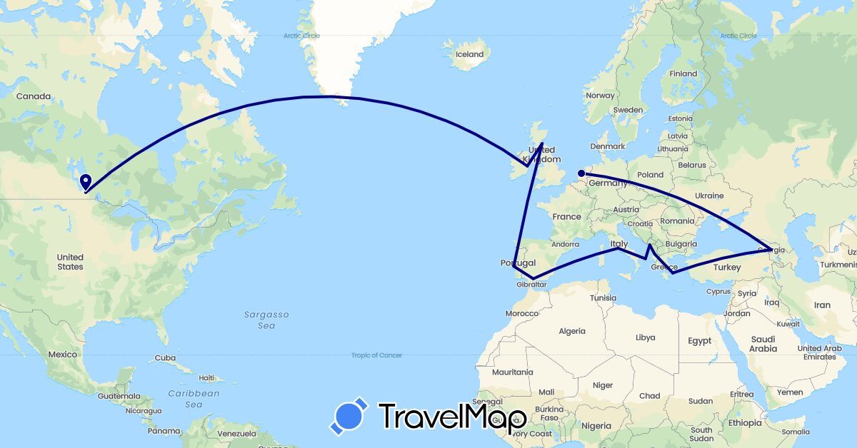 TravelMap itinerary: driving in Albania, Canada, Spain, United Kingdom, Georgia, Greece, Ireland, Italy, Montenegro, Netherlands, Portugal, Vatican City (Asia, Europe, North America)